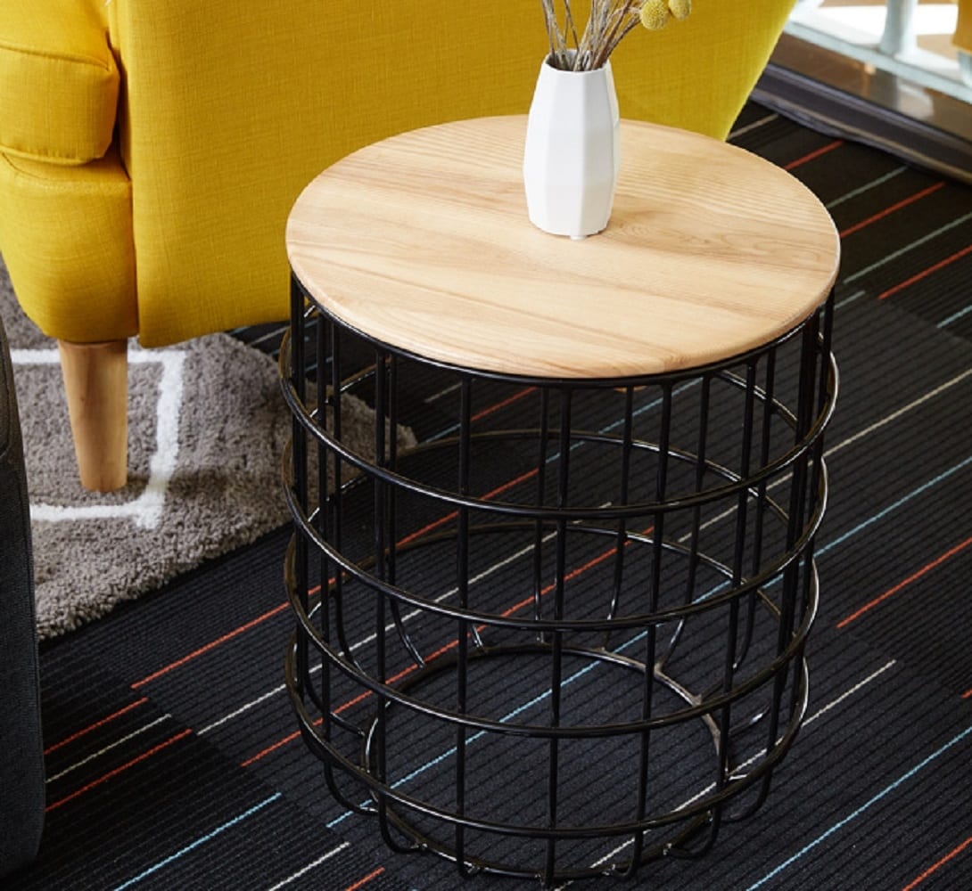 Side Paros Wire Table with Natural Oak Top Black
